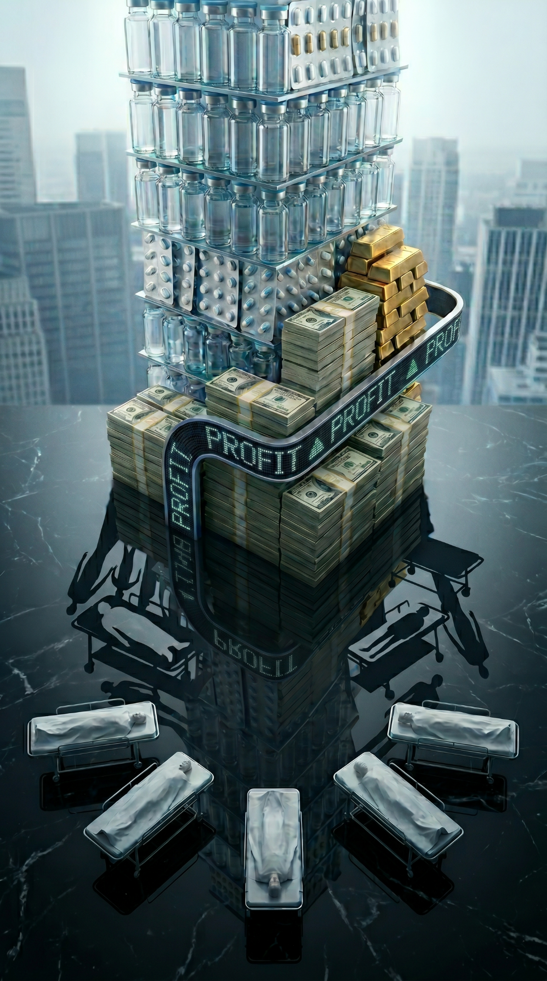 A tower of pill bottles and profit — American Guinea Pig by Terence Mix